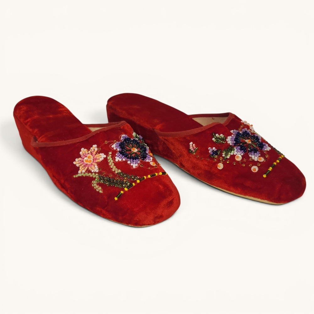 Chinese Velvet Slippers Women Size 5 35 Red Beaded Peranakan Mules 1DA429